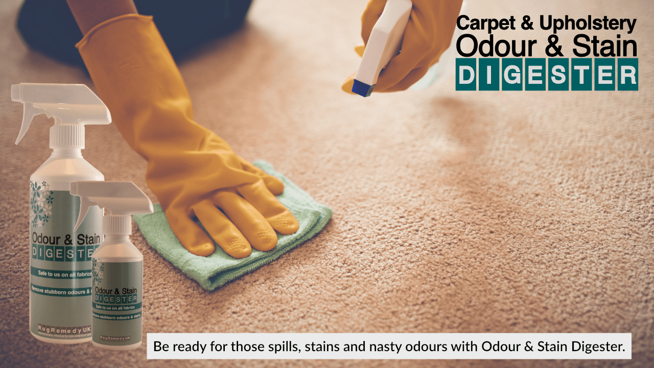 Image of hands in glovers cleaning a carpet, with Odour and Stain Digester in the foreground.