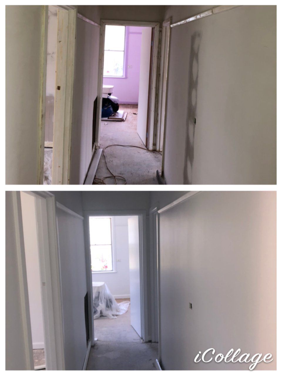 Before-and-after view of a narrow hallway under renovation, with unfinished walls and later painted white.
