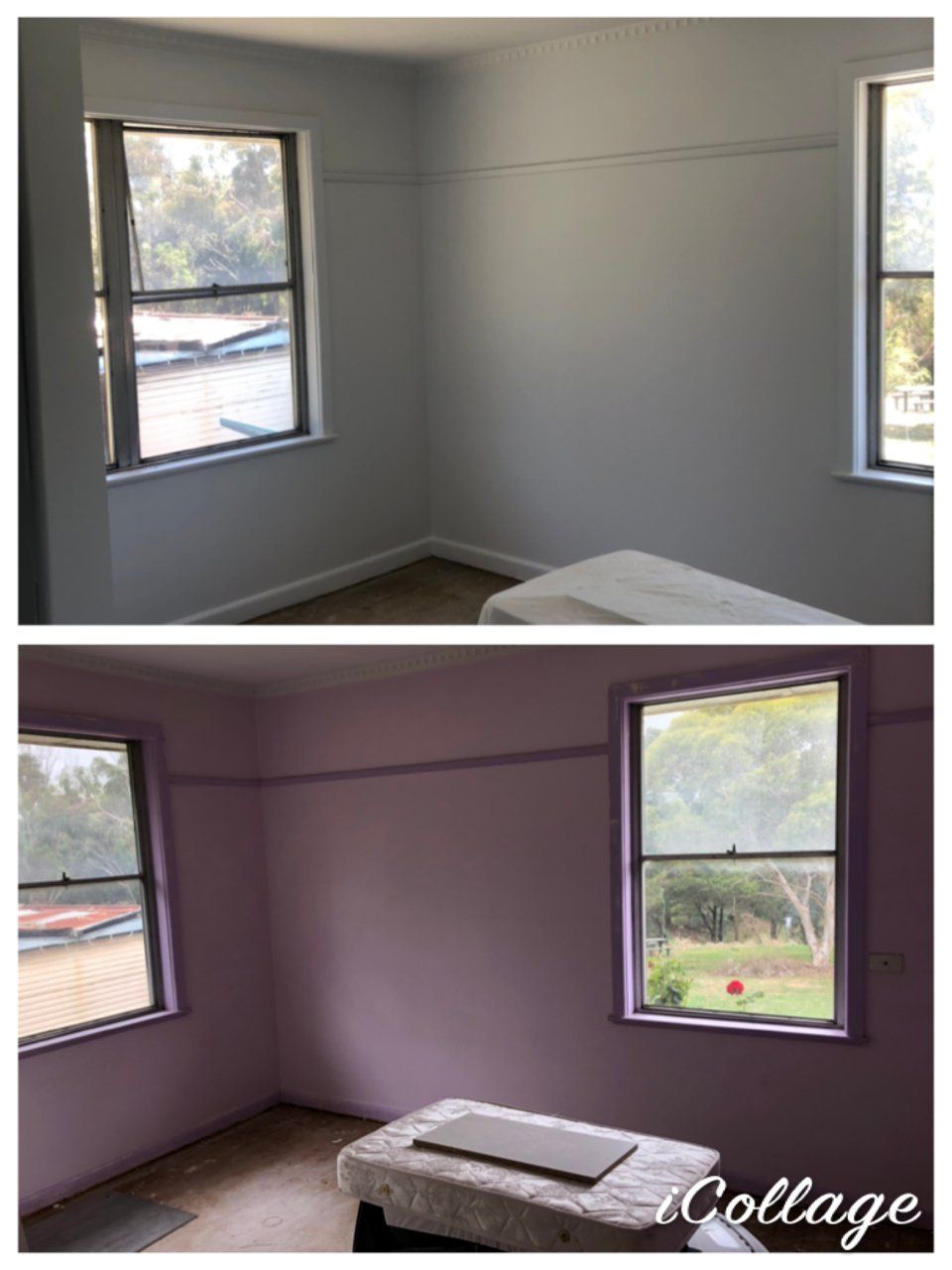 Before-and-after view of a bedroom, showing a gray wall repainted purple with two windows.