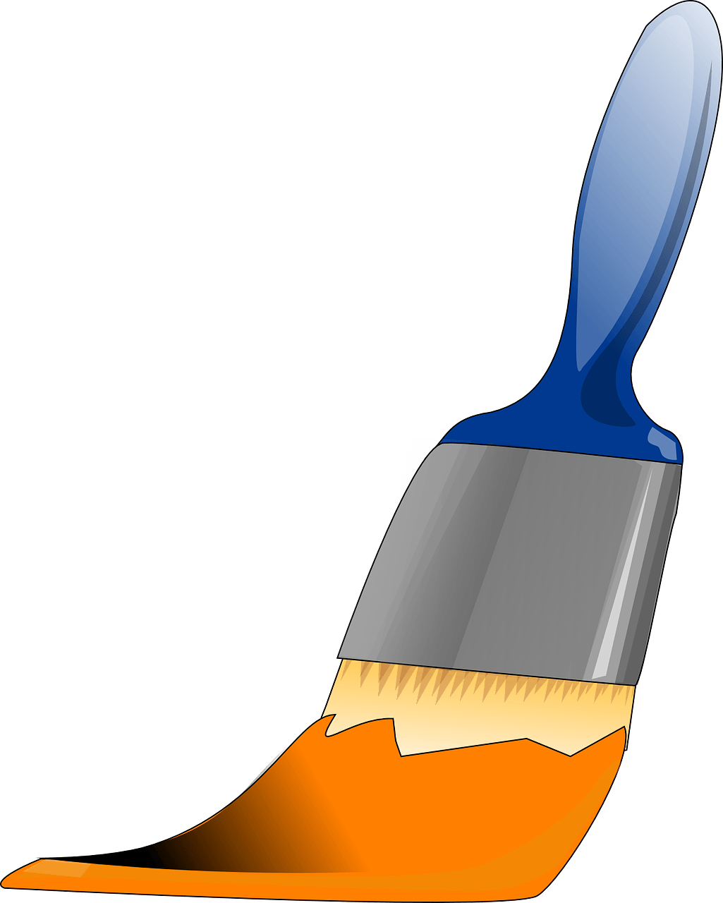 Blue-handled paintbrush with orange paint on the bristles