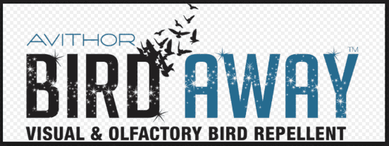A logo for bird away visual and olfactory bird repellent
