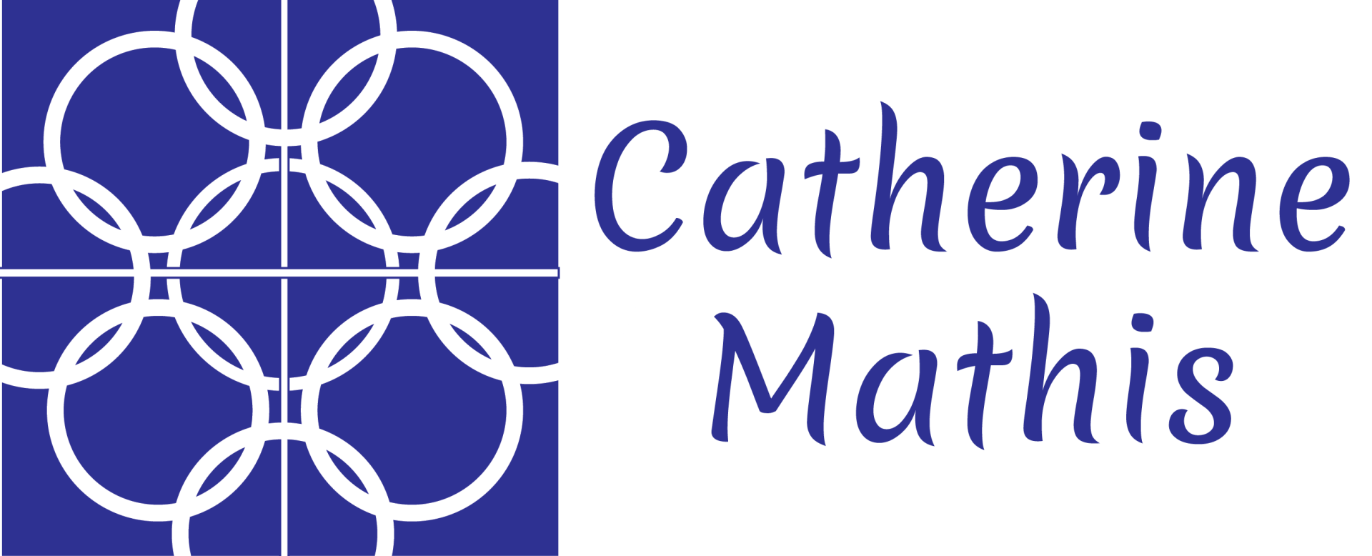 Author's name, Catherine Mathis, next to a box with a dark blue background and interconnected white circles