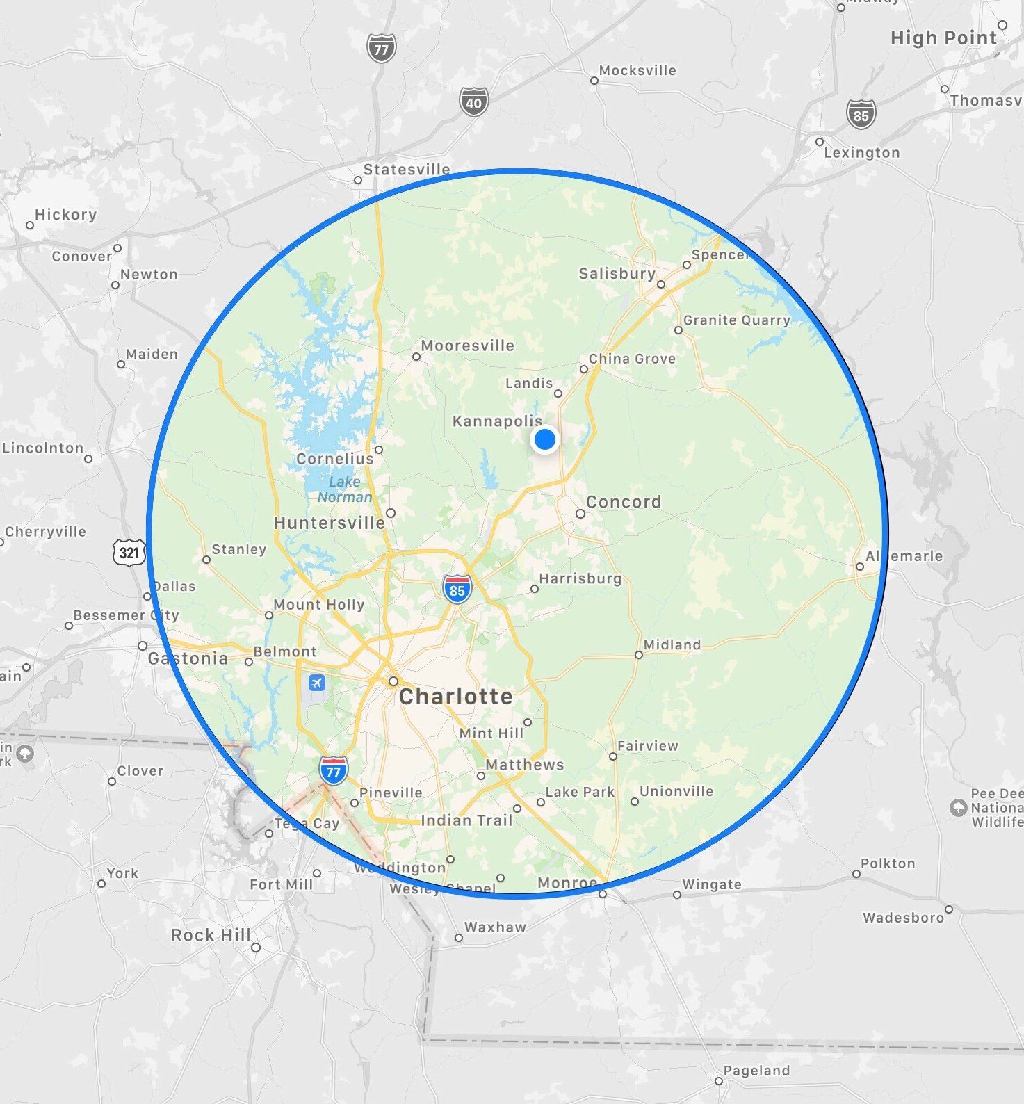 A map of a city with a circle around it.