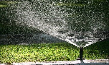 Aspersor rociando agua sobre césped verde en un día soleado.