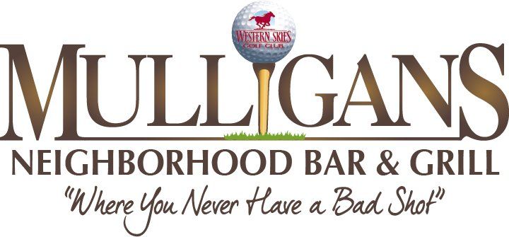 The logo for mulligans neighborhood bar and grill where you never have a bad shot