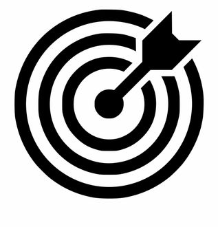 A black and white dart board with an arrow in the center.