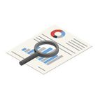 Magnifying glass over a report with graphs, illustrating analysis.