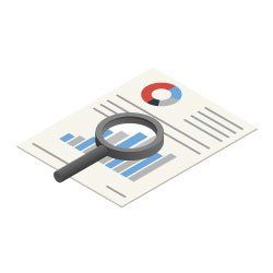 Magnifying glass over a report with graphs, illustrating analysis.