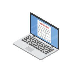 Laptop displaying an online form on its screen; isolated on white background.