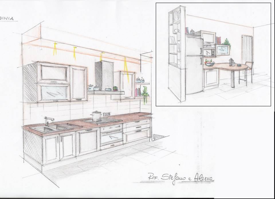 Progetto di cucina disegnato a mano con mobili, fornelli e una piccola zona pranzo inserita.