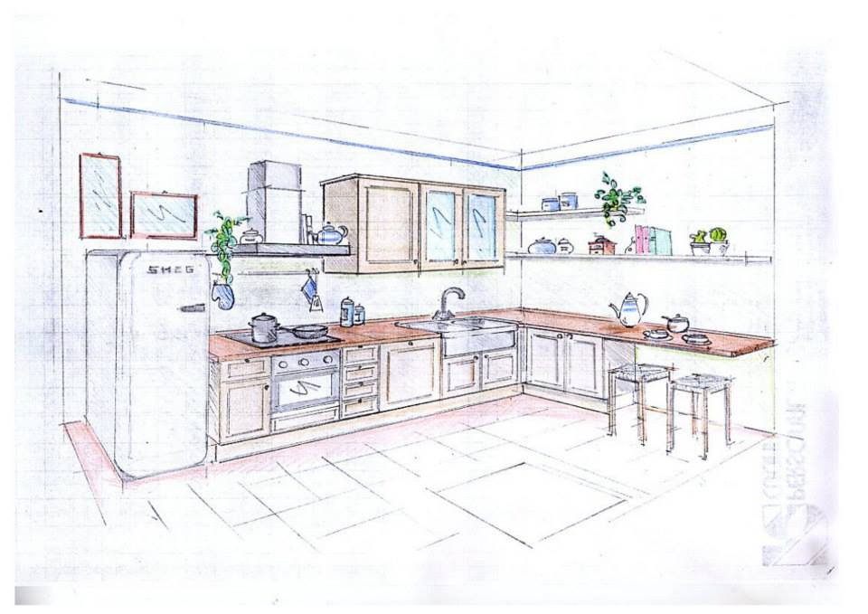 Progetto di cucina disegnato a mano con mobili, elettrodomestici e isola con sgabelli.