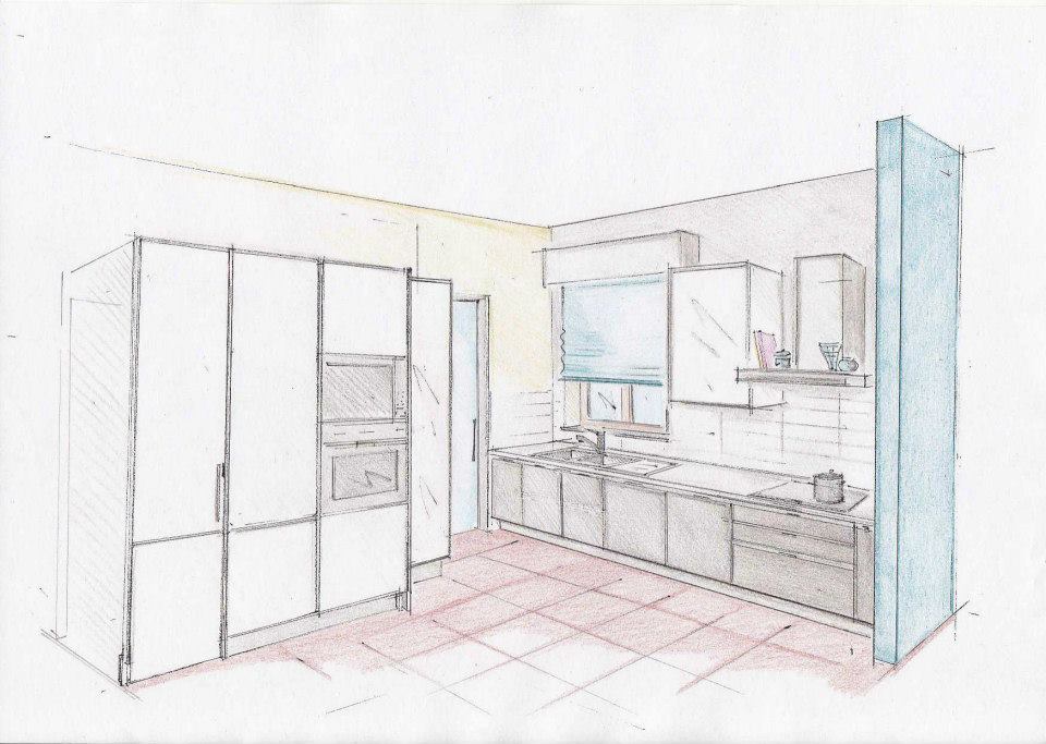 Schizzo prospettico di una cucina moderna con mobili, elettrodomestici, lavello e pavimento in piastrelle rosse.
