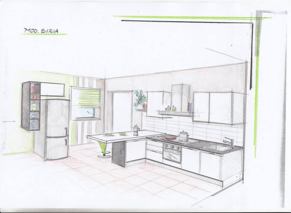Disegno prospettico di una cucina moderna con mobili bianchi, isola, frigorifero e piano cottura.