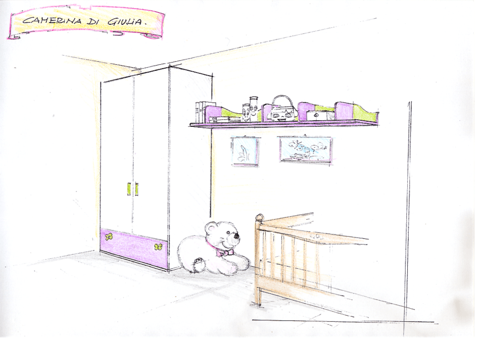 Schizzo dell'interno di una camera da letto con culla, armadio, scaffale e orsacchiotto.