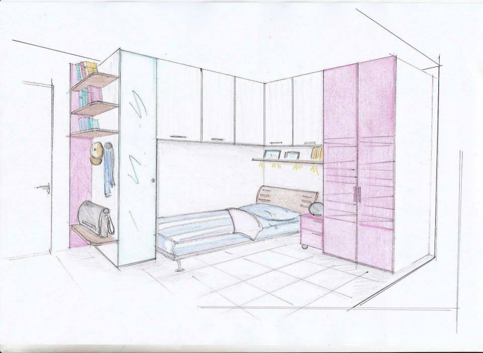 Schizzo dell'interno della camera da letto con spazio di archiviazione incorporato, un letto e mobili rosa e bianchi.