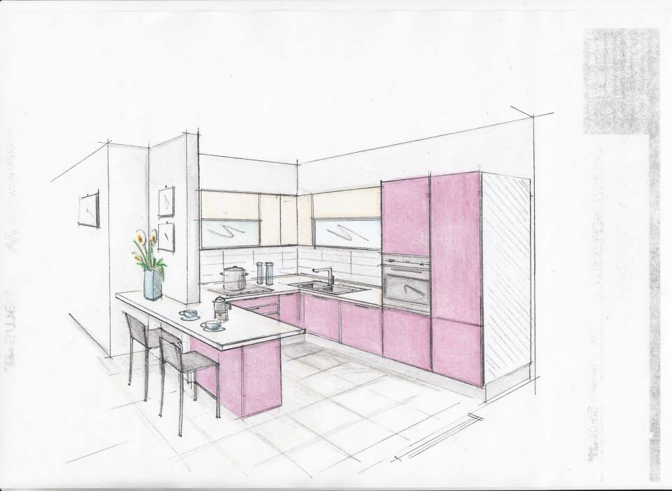 Progetto di cucina disegnato a mano con mobili rosa, un bar e una finestra.