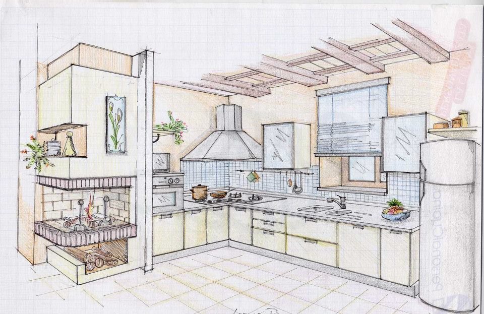 Vista prospettica disegnata a mano di una cucina con mobili di colore chiaro, elettrodomestici e un camino.