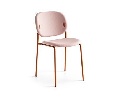 Sedia con seduta rosa e gambe in metallo arancione.