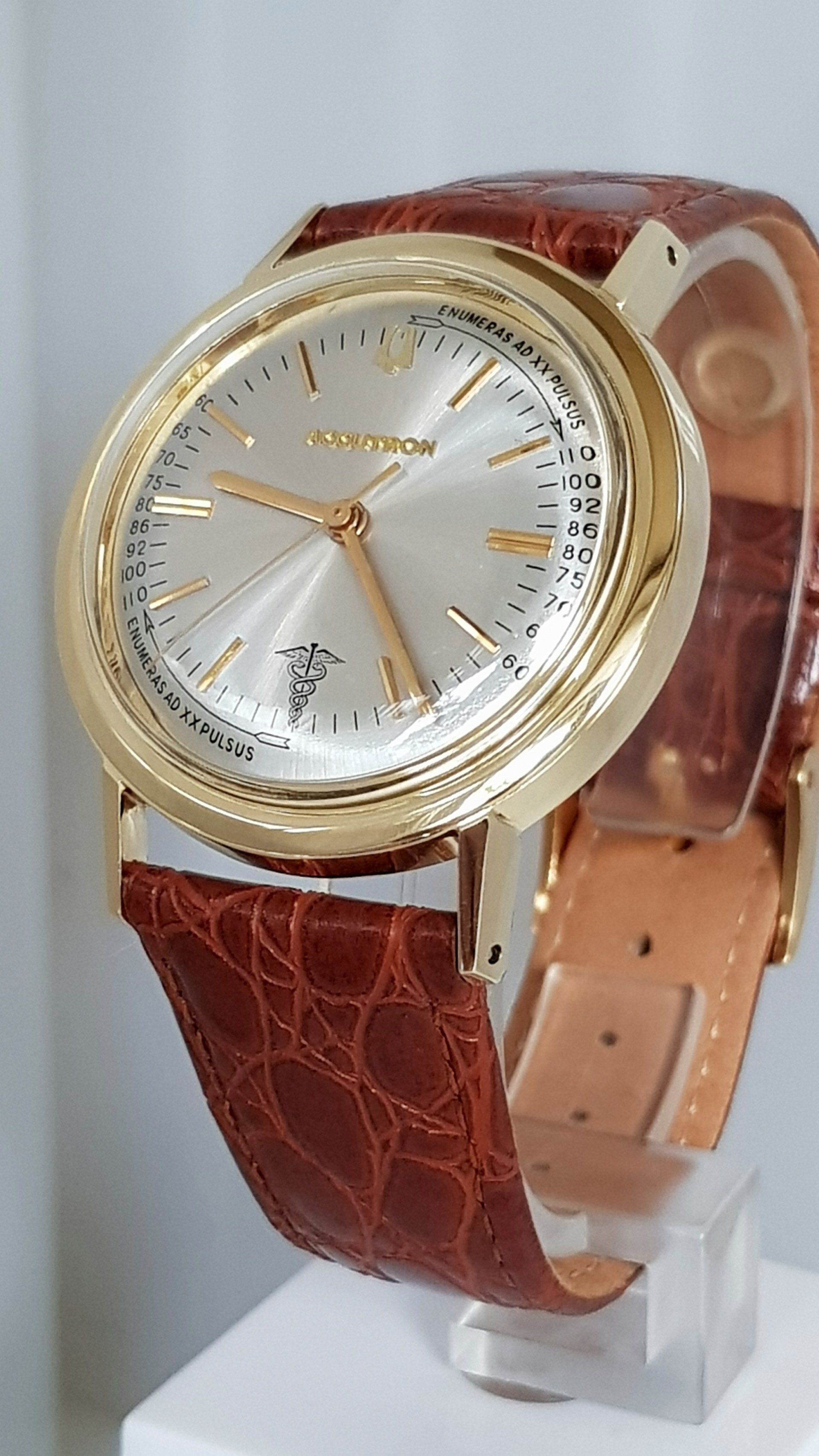 Gold wristwatch with white face and brown leather strap on a clear stand