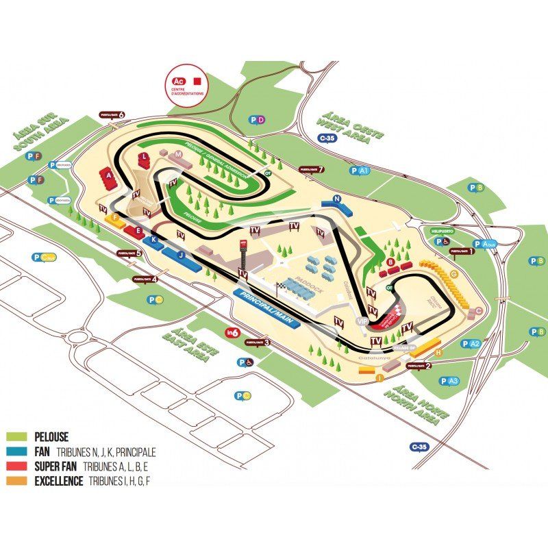 Een plattegrond van een racebaan, inclusief toeschouwersgebieden en parkeerplaatsen, waarbij de lay-out kronkelend over het landschap loopt.
