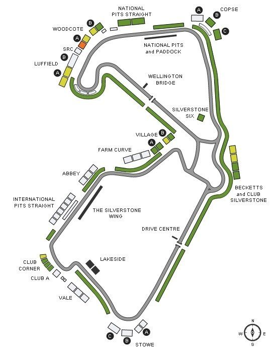 Plattegrond van het circuit Silverstone, een racecircuit, met de lay-out van het circuit, de toeschouwersgebieden en de bochten met namen.