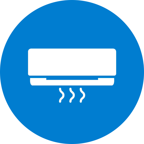 Blue circular sign with a white wall-mounted air conditioner and heat waves below it.