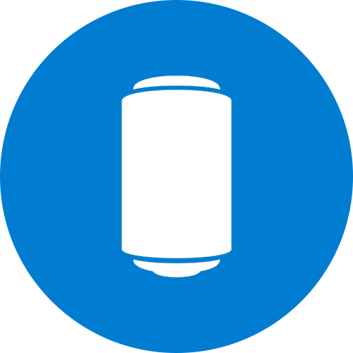White cylindrical battery icon on a blue circle background