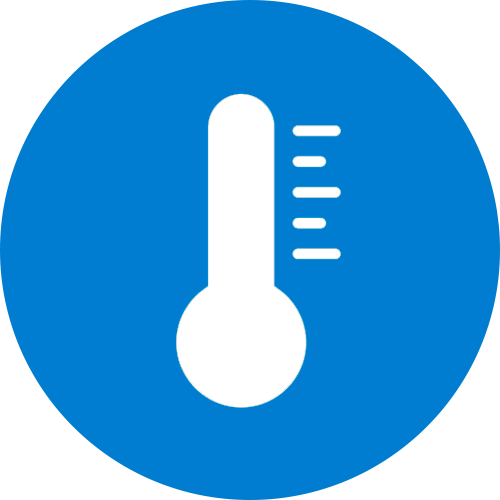 Blue circle with a white thermometer and temperature scale icon