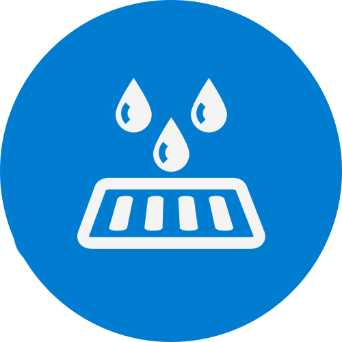 Blue circular icon with white raindrops falling into a drain grate