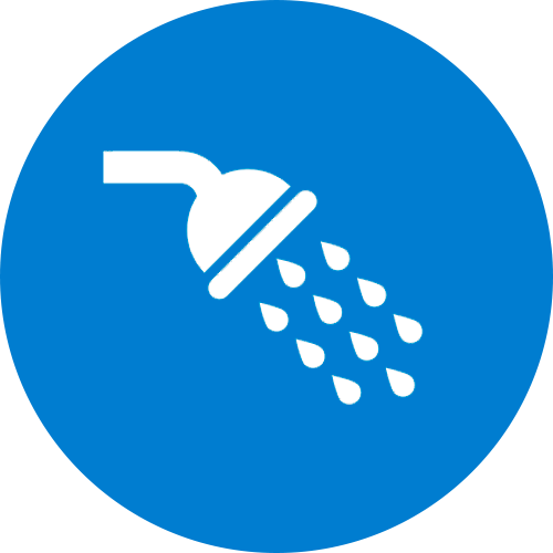 Blue circular icon with a white showerhead spraying water drops