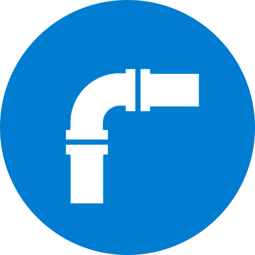 White pipe elbow icon on a blue circular background