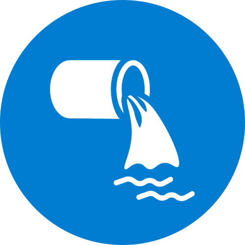 Blue circular icon showing a white toilet paper roll with paper flowing into water waves