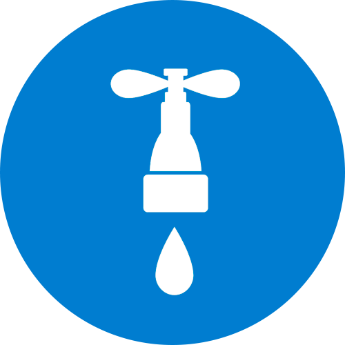 White water tap icon with a droplet on a blue circle background