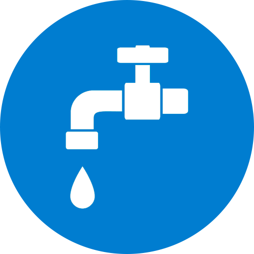 White water faucet with droplet on blue circle icon