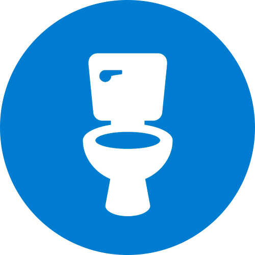 White toilet icon on a blue circle background
