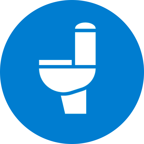Blue circular restroom sign with a white toilet icon