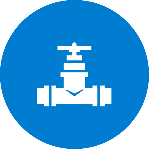 Blue circular icon with a white water valve symbol