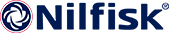 Eine Nahaufnahme eines Nilfisk-Logos auf weißem Hintergrund.
