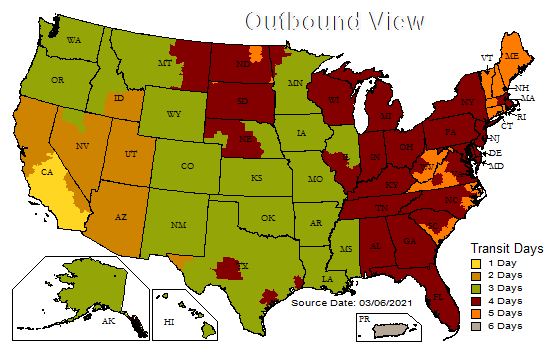 Map of the United States, color-coded by transit days, showing shipping times for outbound packages.