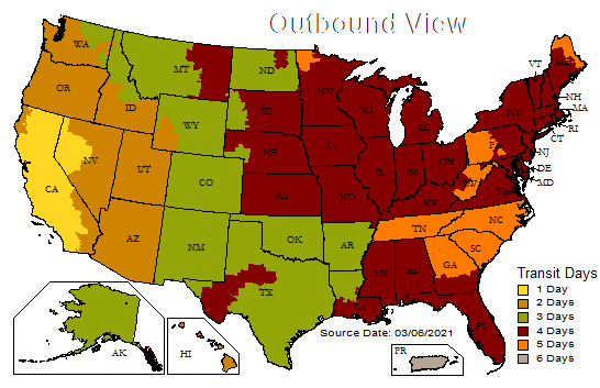 Map of the United States, color-coded to show estimated outbound transit days for shipping.