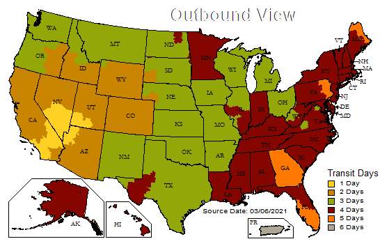 Map of the US with color-coded states indicating outbound transit days for deliveries.