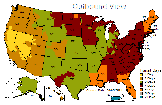 Map of the US showing shipping transit days; colors denote transit time: 1 day (yellow) to 7 days (brown).