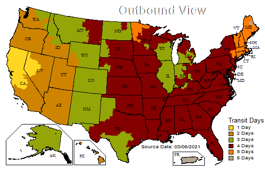 Map of the USA showing transit days, with color-coded states from 1 to 6 days for shipping.