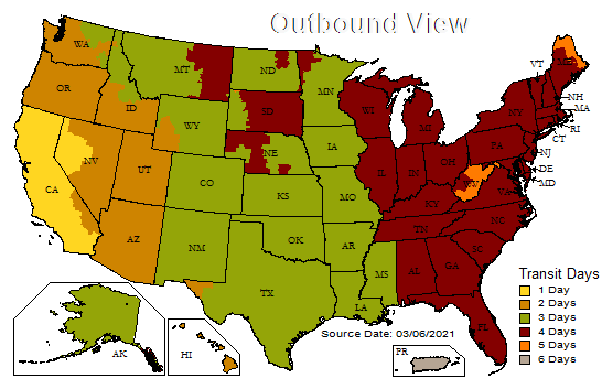 Map of the U.S. showing shipping transit days by state, color-coded from 1 to 6 days.