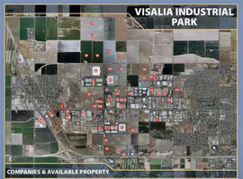 Visalia Industrial Park map: aerial view with numbered properties, bordering agricultural fields and roads.