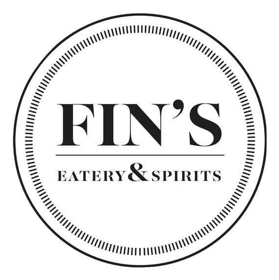 A black and white logo for fin's eatery and spirits.
