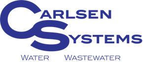 A blue and white logo for carlsen systems water wastewater