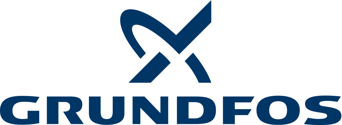 A logo for grundfos with a blue x on a white background