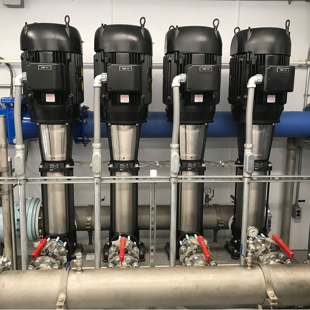 A row of stainless steel pipes and pumps in a room
