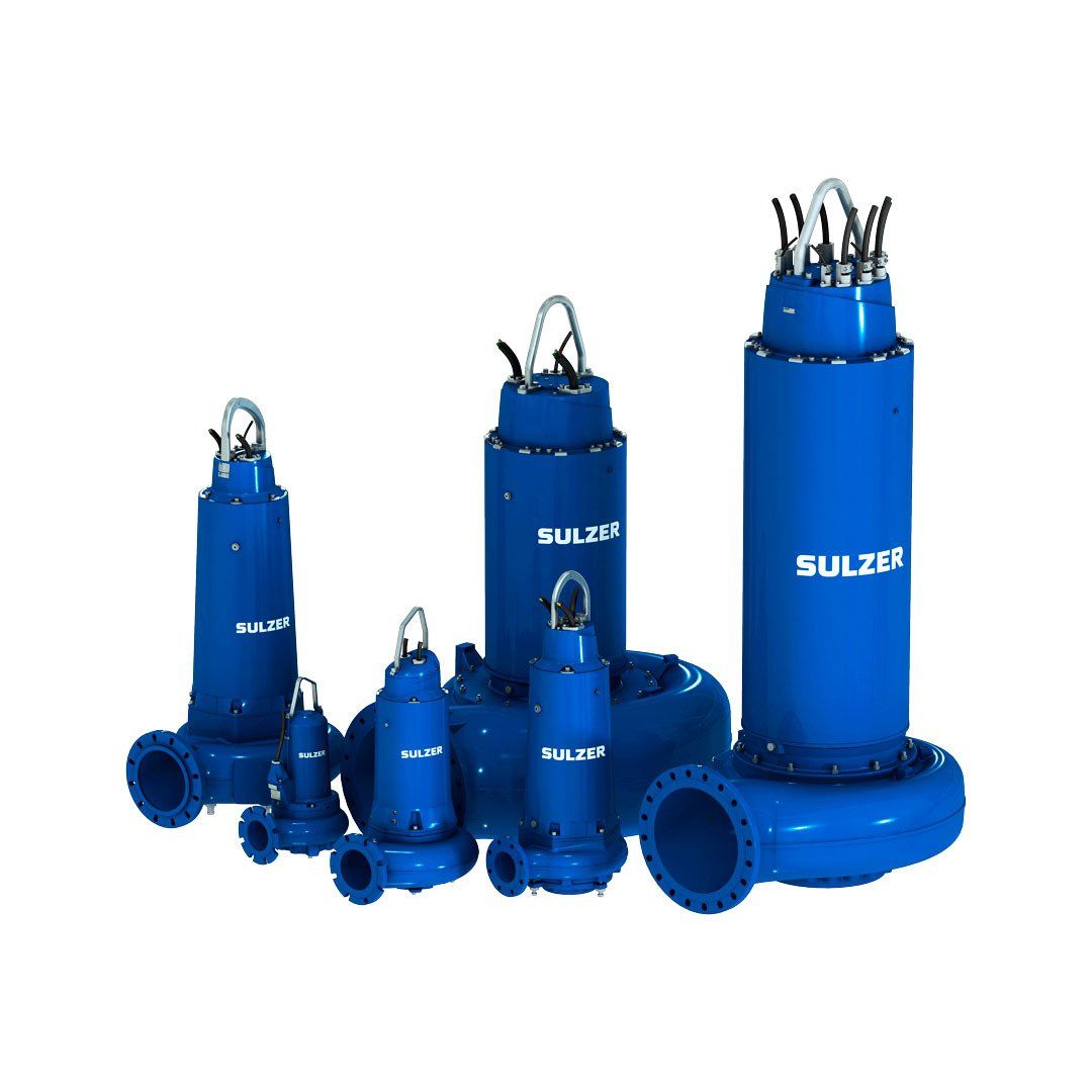 A group of blue sulzer pumps are lined up in a row